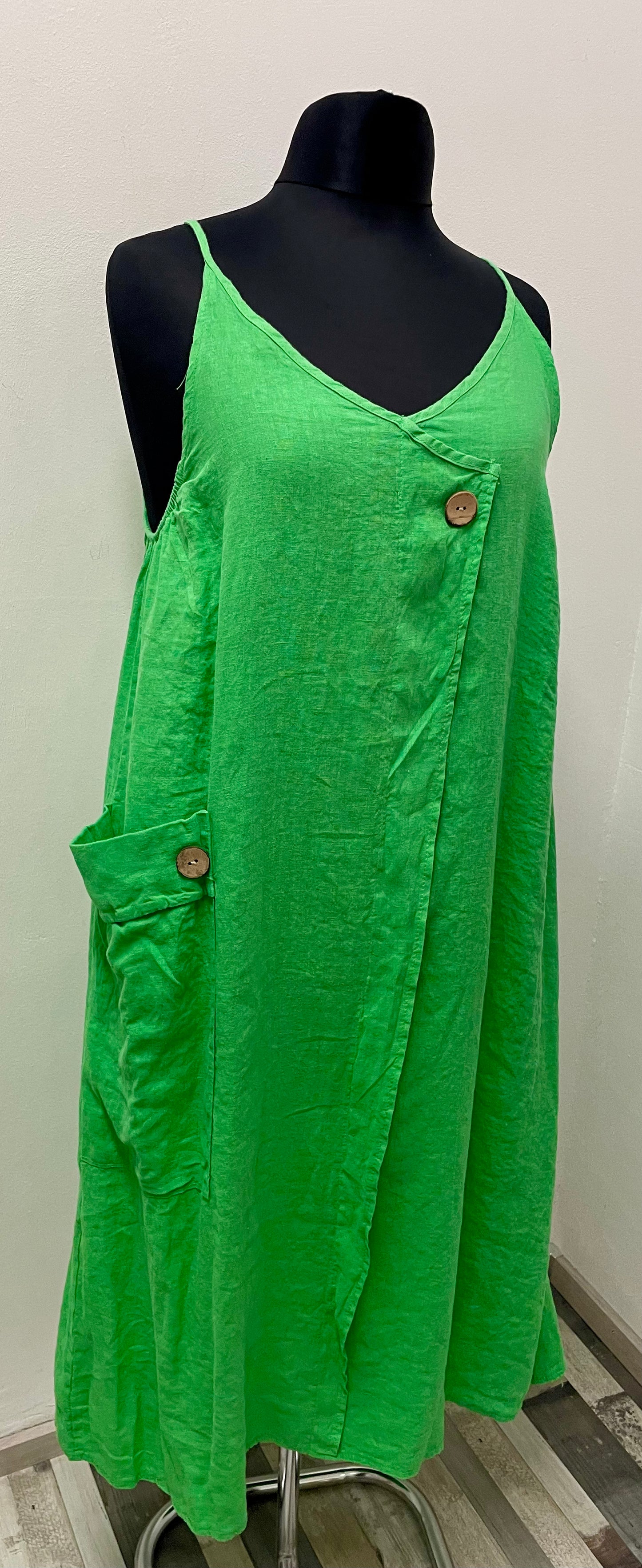 Leinenkleid mit Spaghettiträger und elastischen Armausschnitt