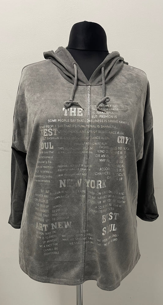 Langarmshirt mit Kapuze und silberfarbenen Aufdruck