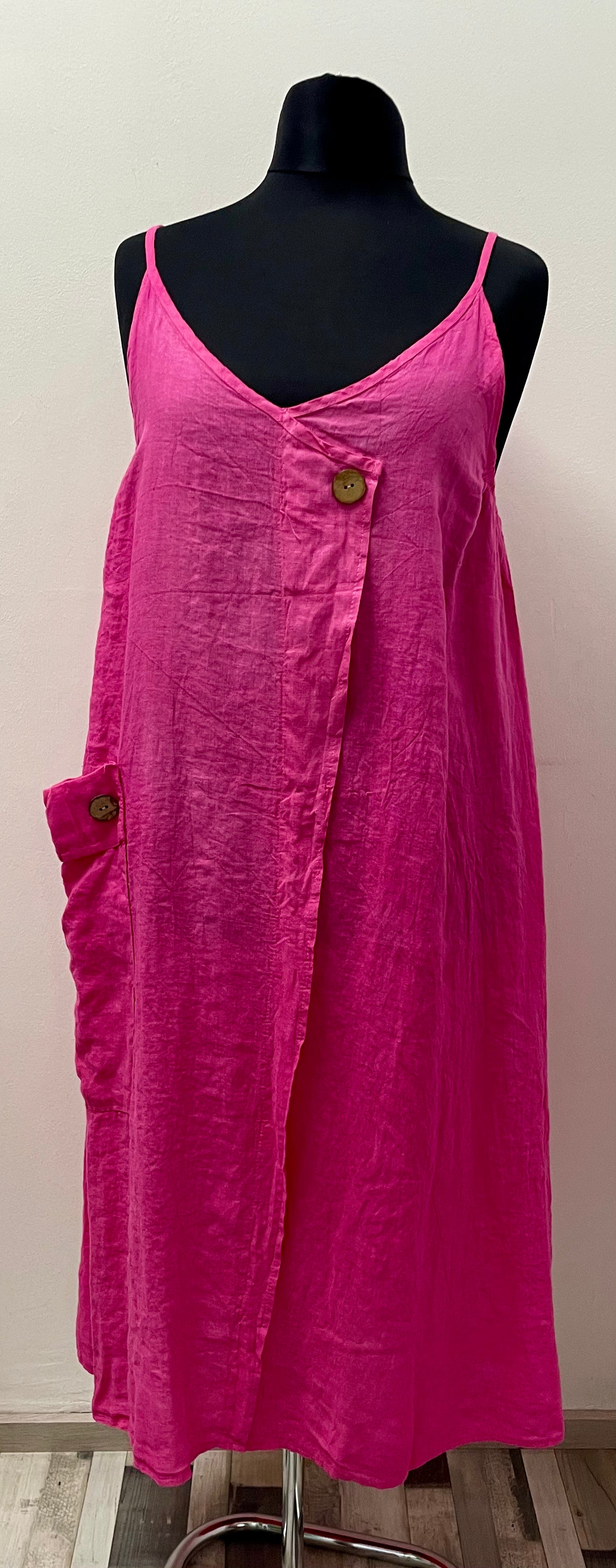 Leinenkleid mit Spaghettiträger und elastischen Armausschnitt