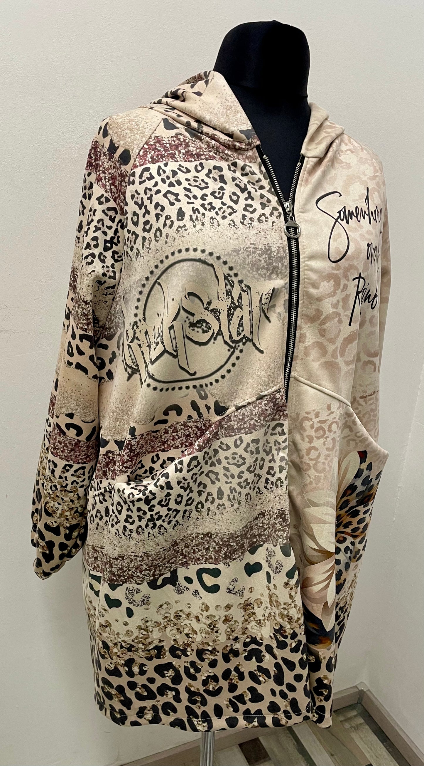 Longjacke aus Velourslederimitat mit Kapuze und Reißverschluss