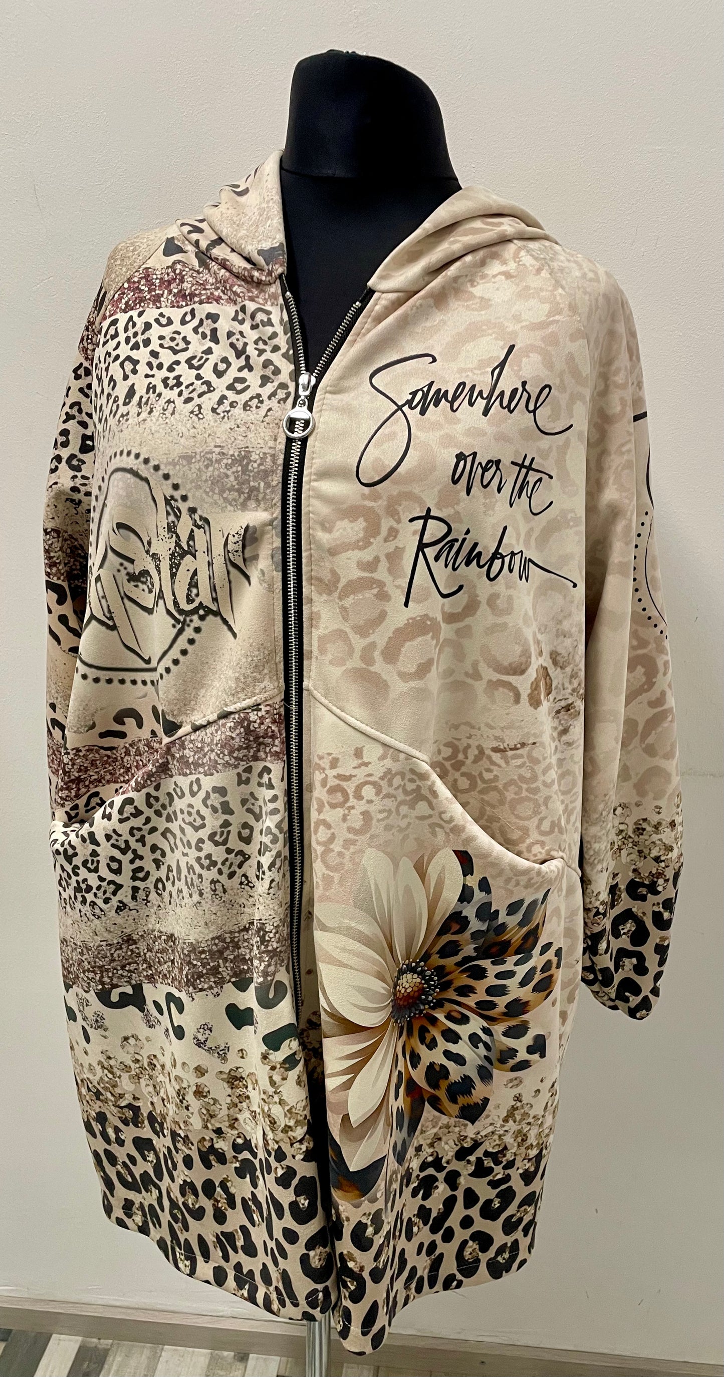 Longjacke aus Velourslederimitat mit Kapuze und Reißverschluss
