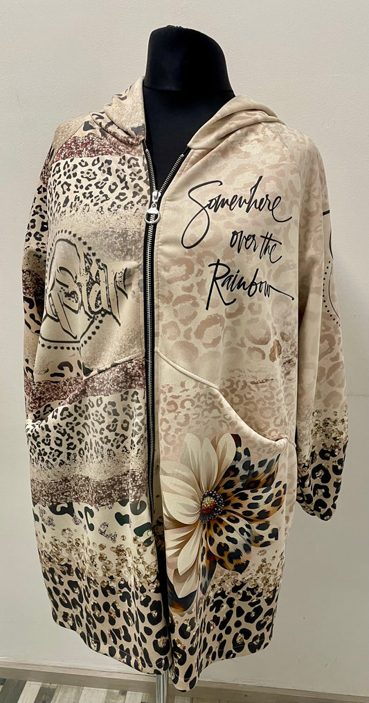 Longjacke aus Velourslederimitat mit Kapuze und Reißverschluss