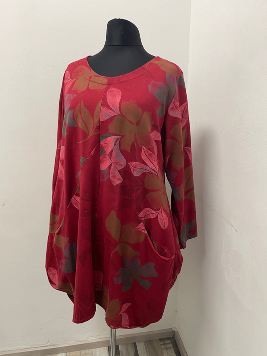 Tunika/Kleid mit Blättermuster in Bordeaux